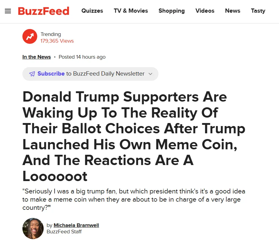 The image shows a BuzzFeed news article headline about Donald Trump supporters reacting to his launch of a meme coin. The…