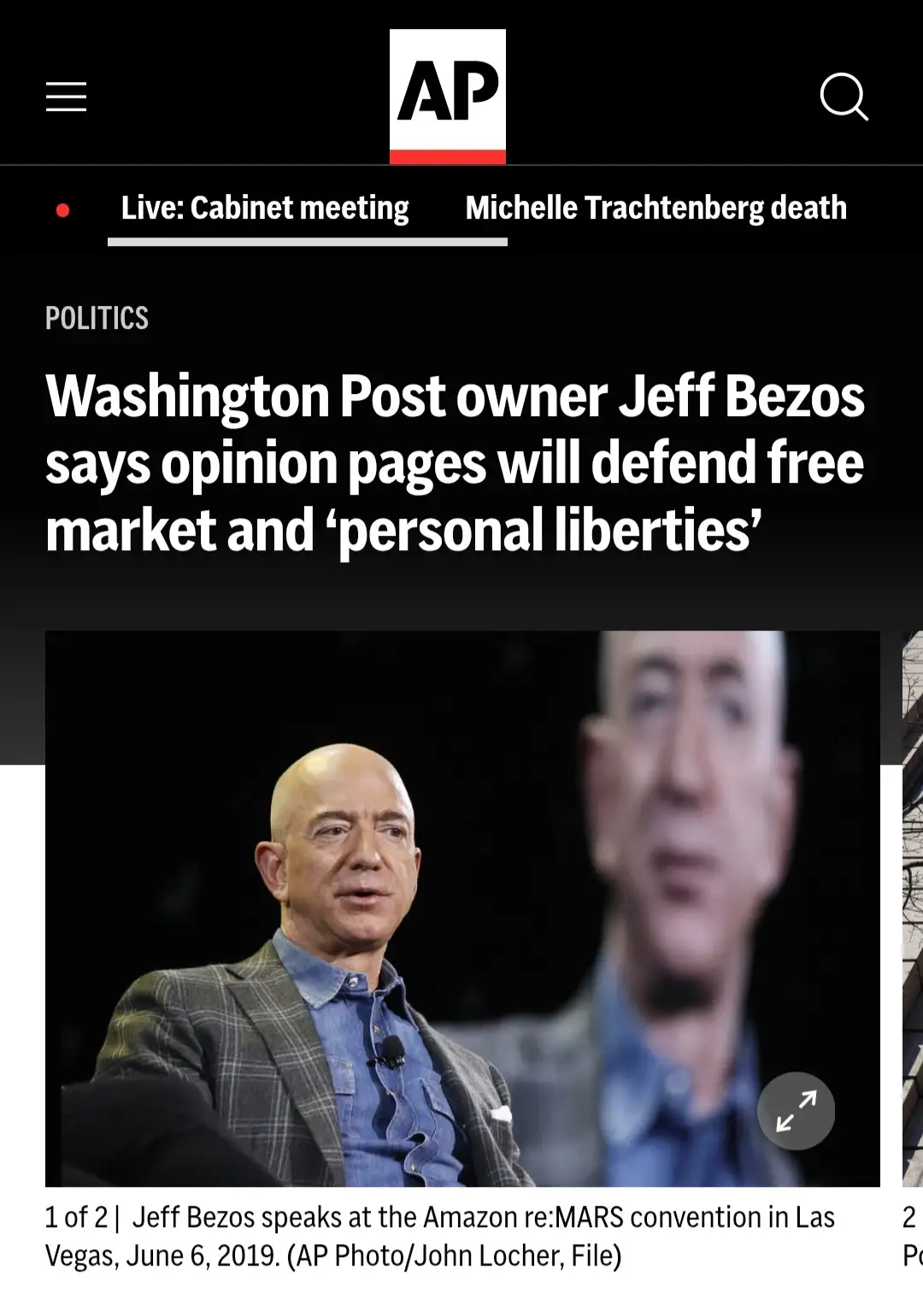 A screenshot of an Associated Press news article shows Jeff Bezos speaking at an event, with the headline stating he claims…