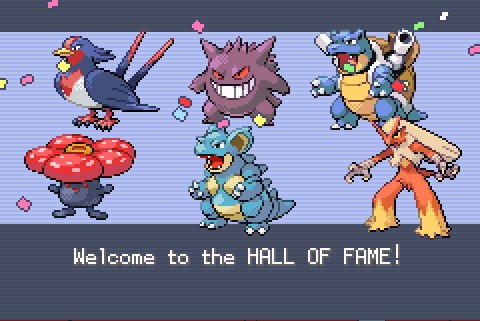A pixel art image displays six Pokémon characters—Swellow, Gengar, Blastoise, Pikachu, Squirtle, and Charizard—standing in a…