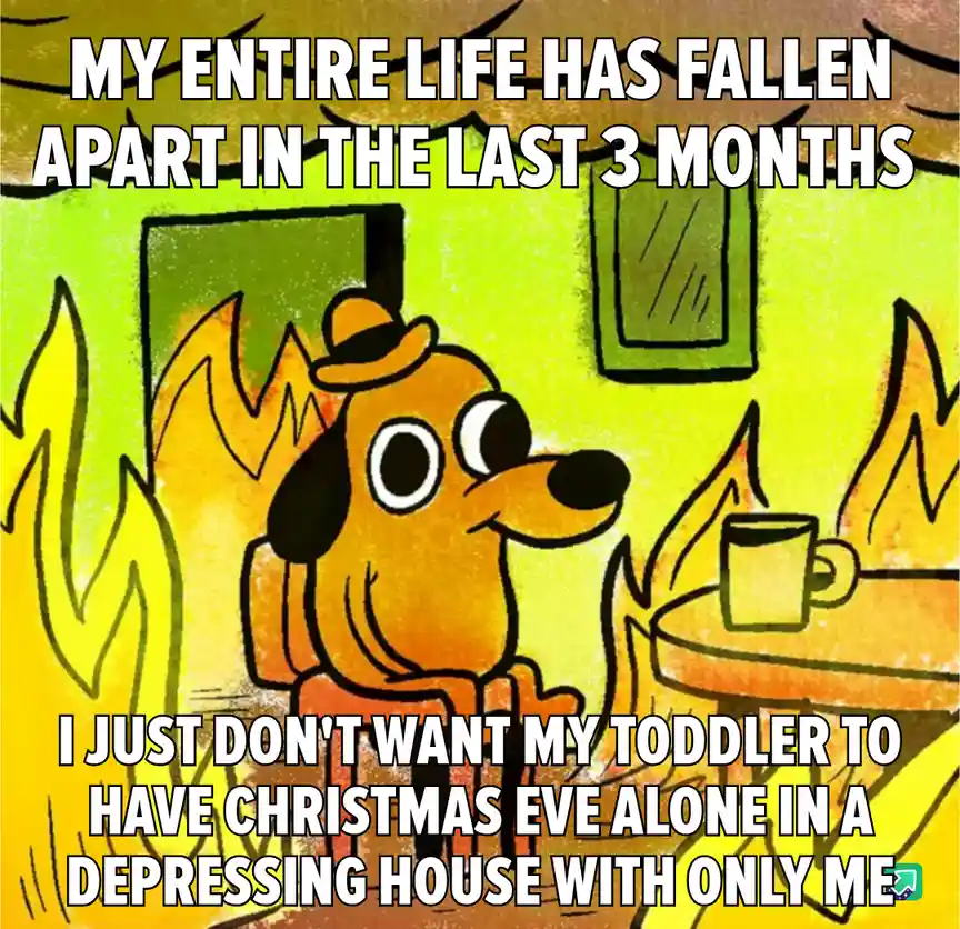 A cartoon dog wearing a hat sits calmly in a room engulfed in flames, with a mug on a table beside it. The text overlaid on…
