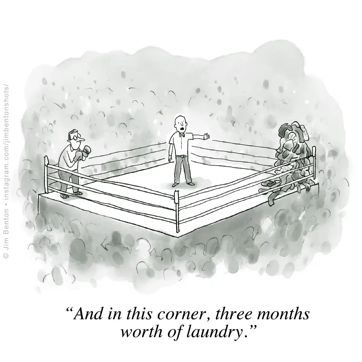 A black-and-white cartoon depicts a boxing ring with a referee pointing toward a corner where a massive pile of clothes is…