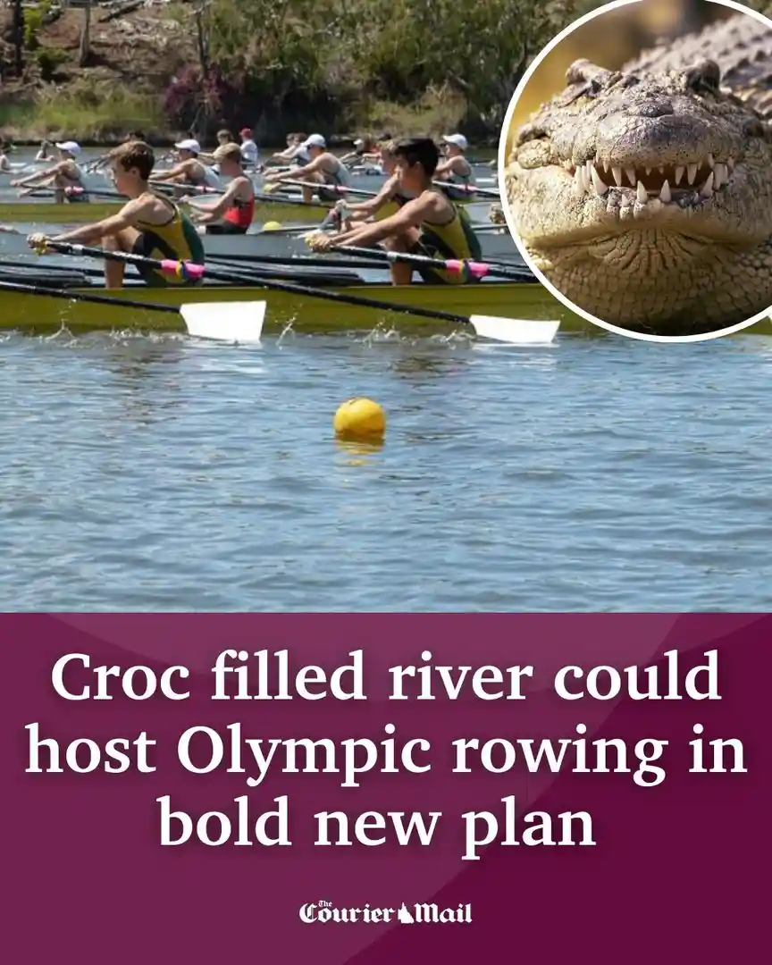 A photo shows a rowing team on a river with a yellow buoy, overlaid with a circular inset of a crocodile's open mouth…