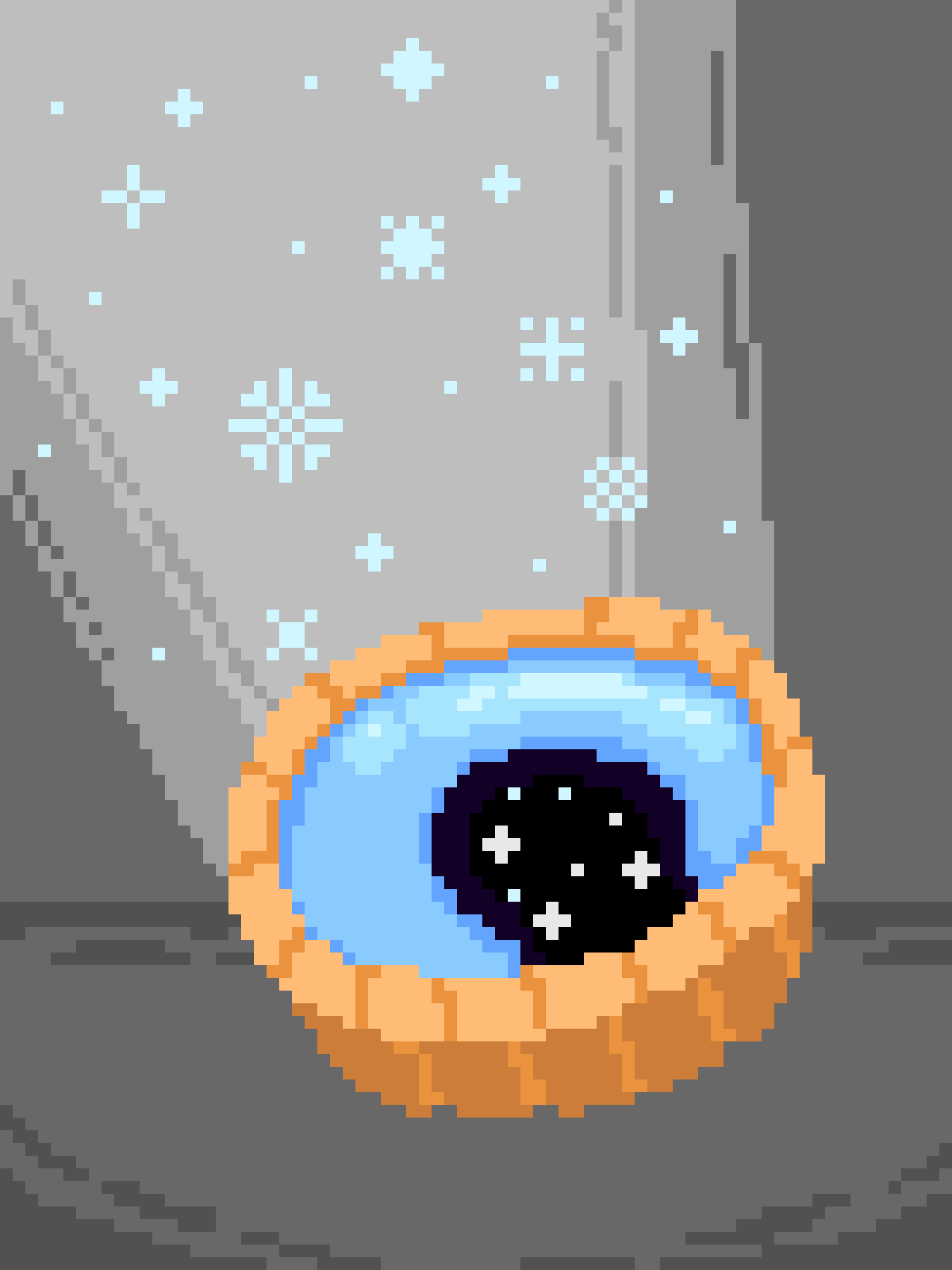 A pixel art image shows a large, round, orange-brown cookie with a blue icing border and a black center filled with white…