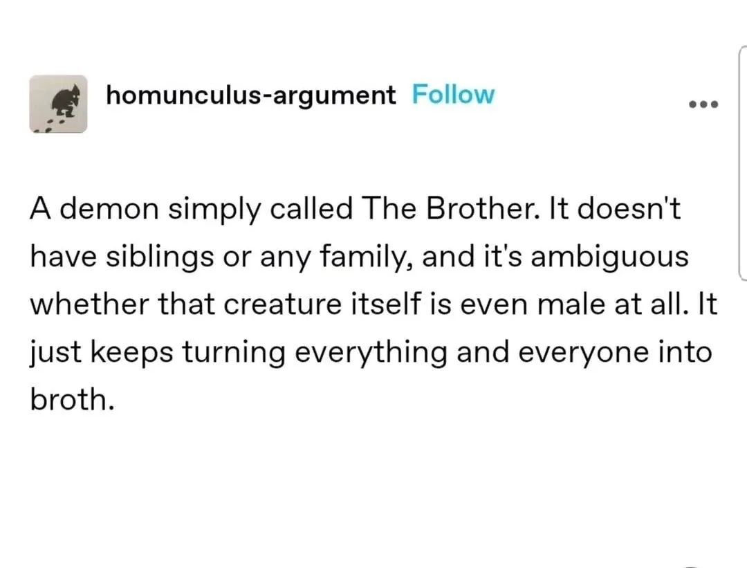 The image shows a social media post with a plain white background and black text. The text describes a fictional demon named…