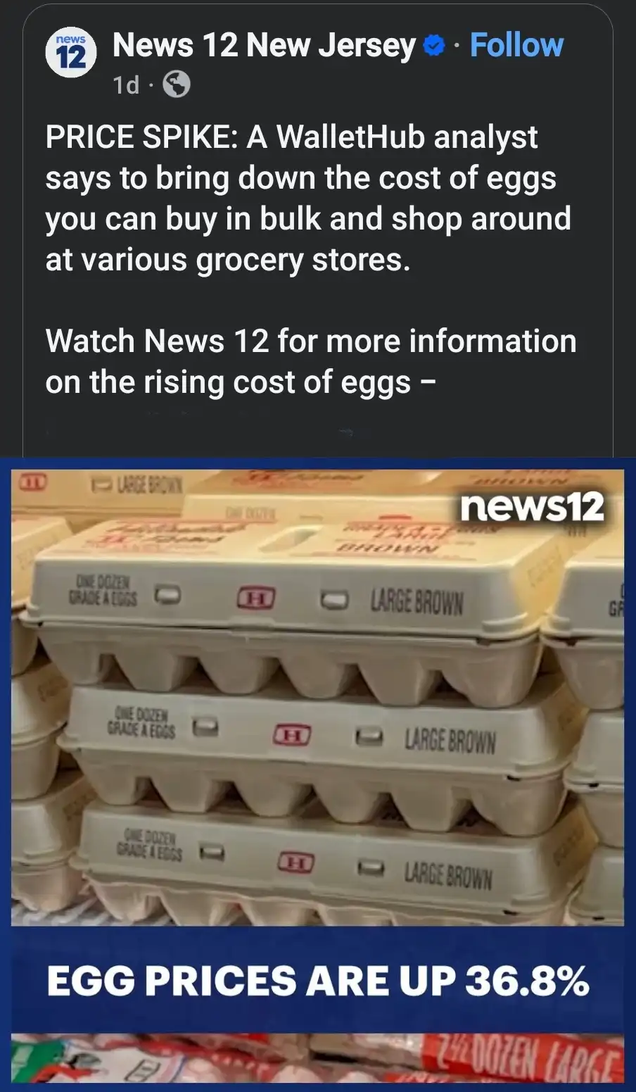 A screenshot of a News 12 New Jersey social media post about egg price spikes, overlaid with a photo of stacked egg cartons…