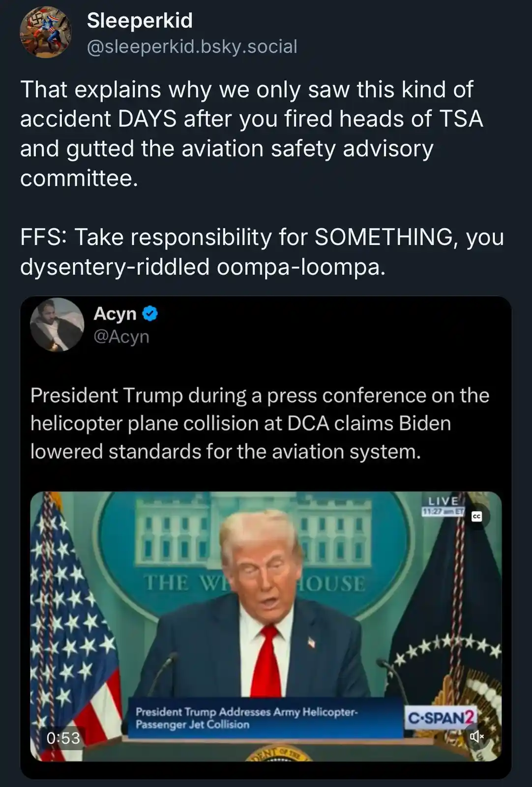 A screenshot of a social media post showing a video clip of Donald Trump speaking at a White House press conference about a…