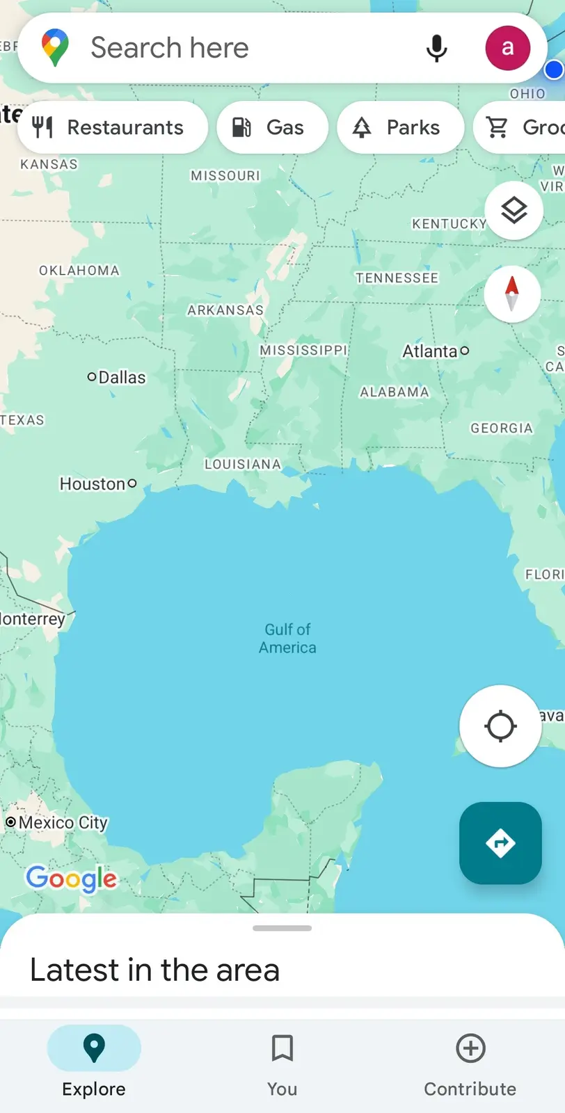 A screenshot of Google Maps showing the Gulf of Mexico labeled as 'Gulf of America' with surrounding states like Texas…