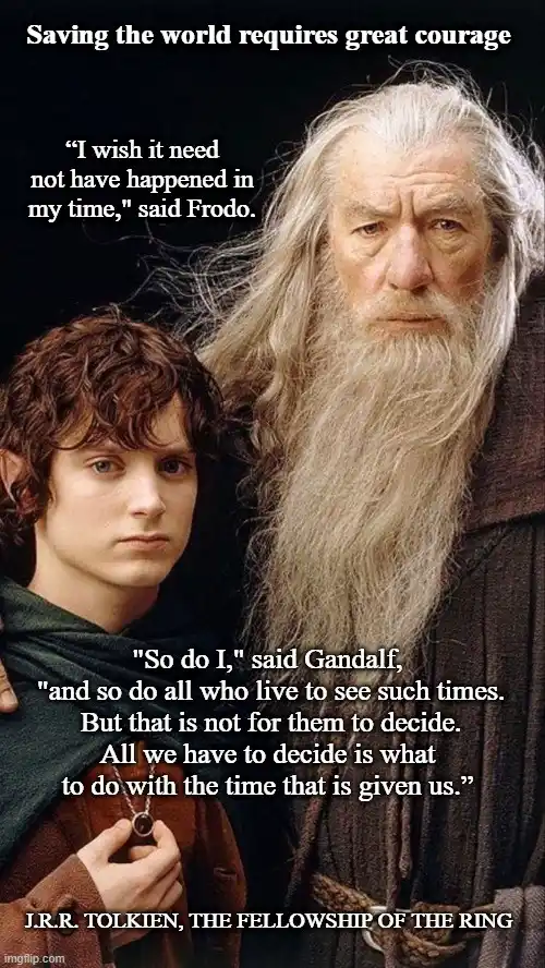 A still from 'The Lord of the Rings' featuring Frodo Baggins and Gandalf the Grey. Frodo is on the left, looking somber…