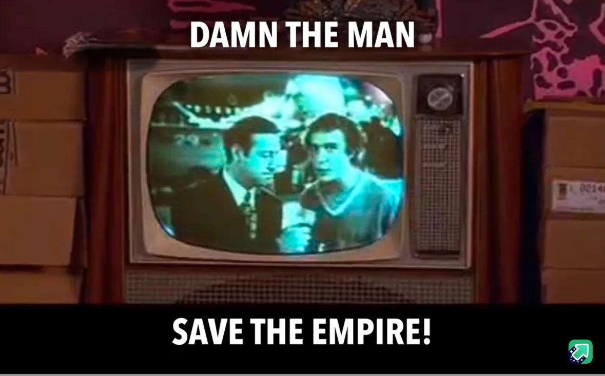An old-fashioned television set displays a grainy, blue-tinted image of two men in suits talking. White bold text overlays…