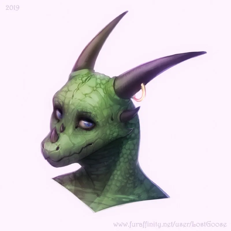 A digital illustration of a green dragon's head with large, expressive blue eyes, two prominent dark horns, and a small gold…