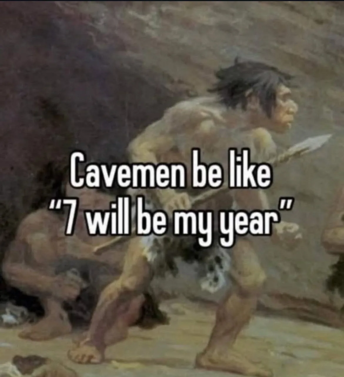 A painting depicts a muscular caveman holding a spear and walking forward, with another caveman crouching in the background…