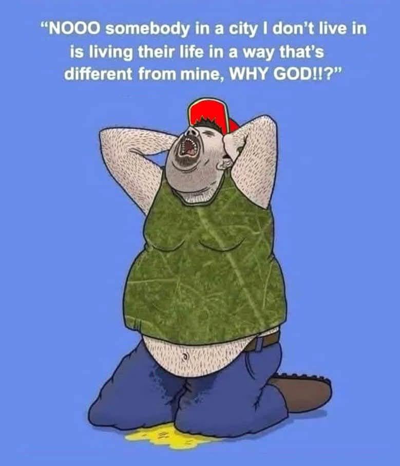 A cartoon man in a green tank top and red cap kneels on a blue background, hands on his head, mouth wide open in despair…