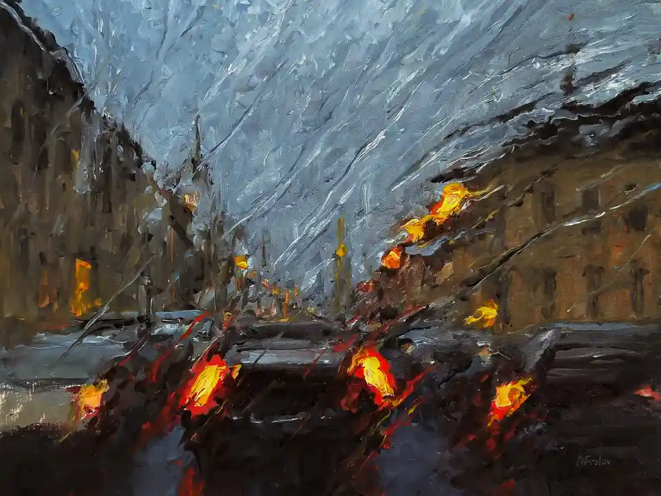 An oil painting depicts a dark, stormy urban street with buildings on either side, where bright orange and yellow flames…