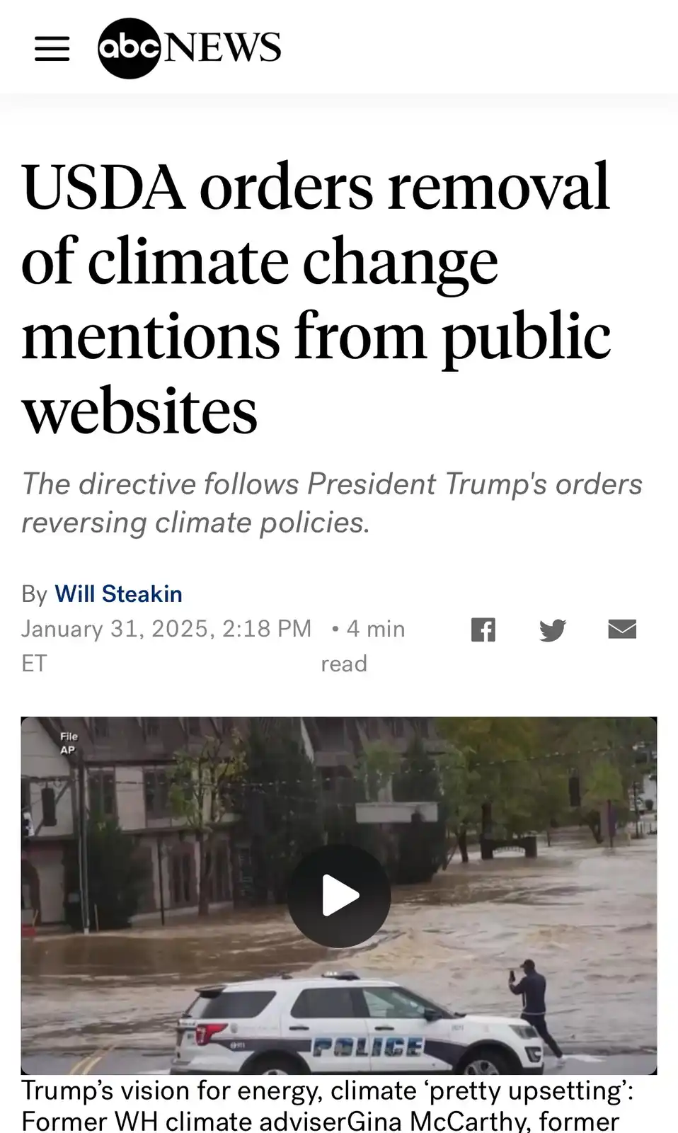 The image shows a screenshot of an ABC News article with a headline about the USDA removing climate change mentions from…