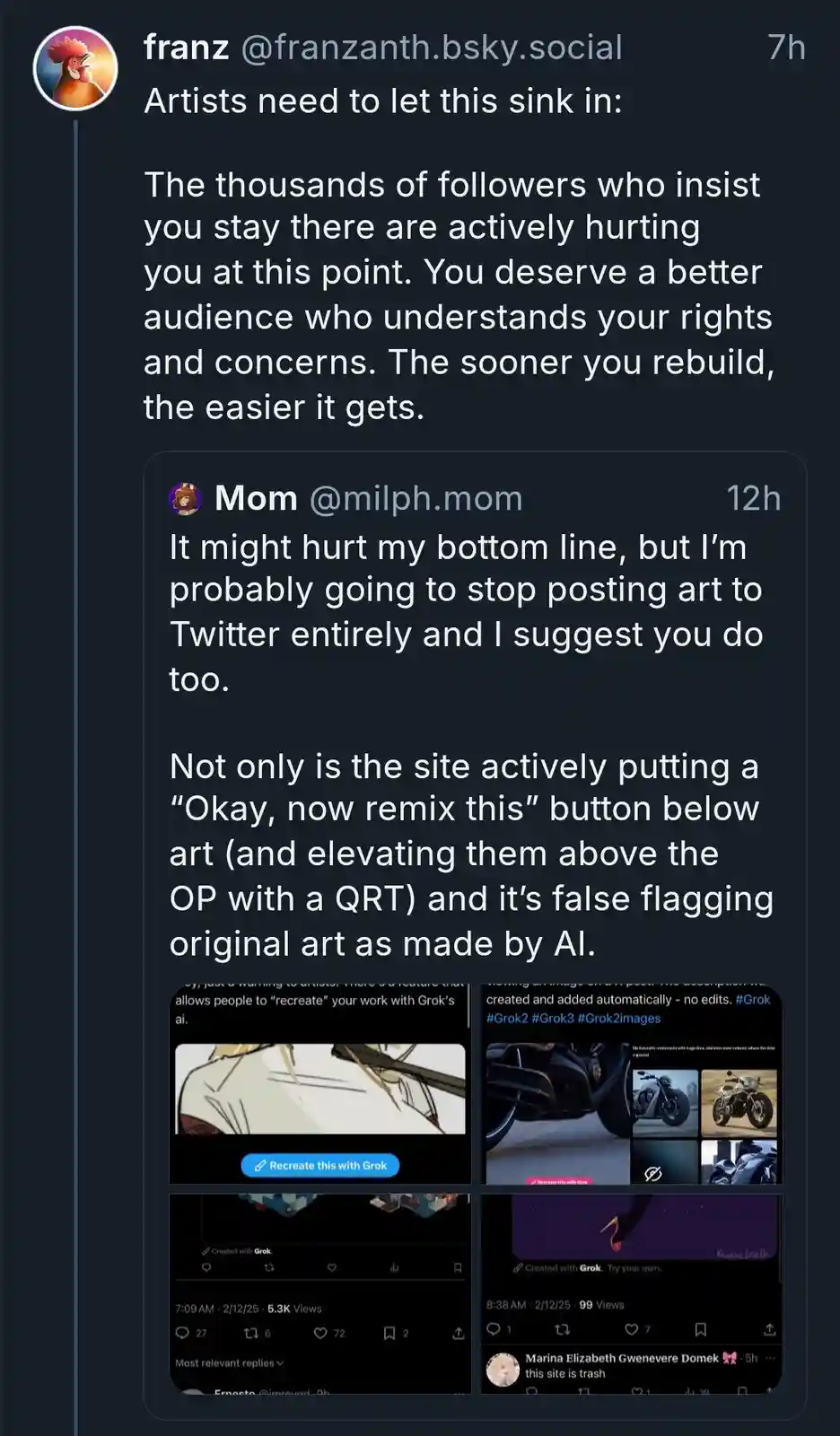 A screenshot of a social media thread where a user named 'Mom' advises artists to stop posting on Twitter due to features…
