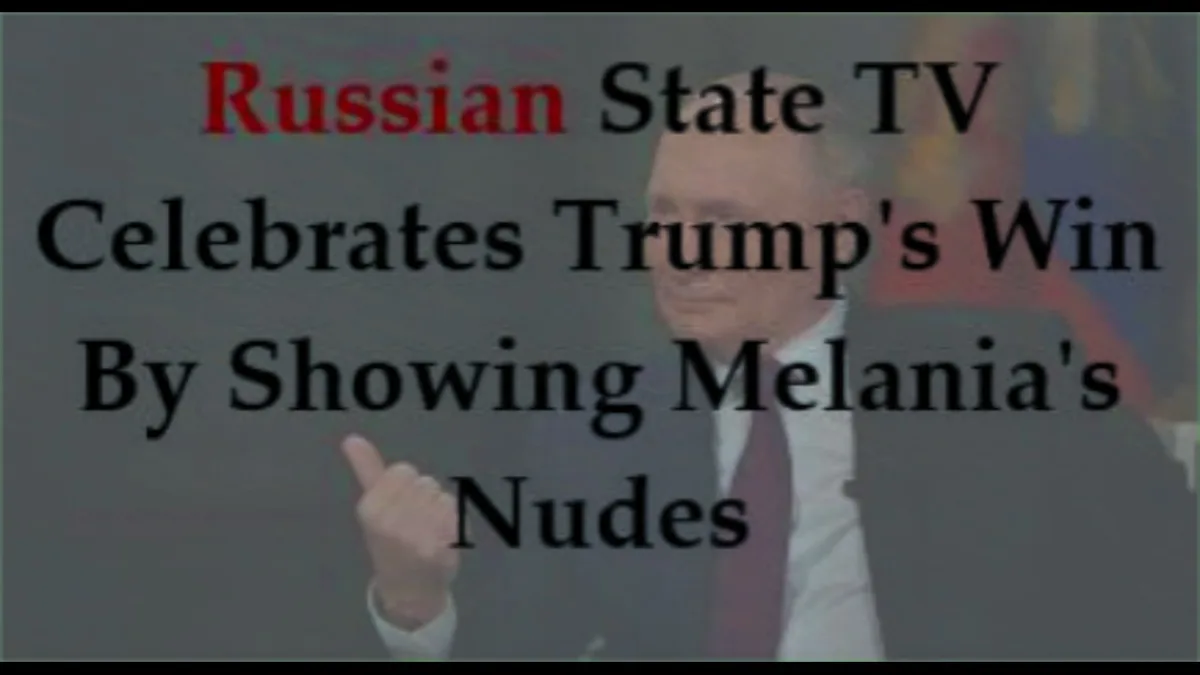 A darkly humorous meme image features a man in a suit pointing, overlaid with bold text claiming 'Russian State TV…