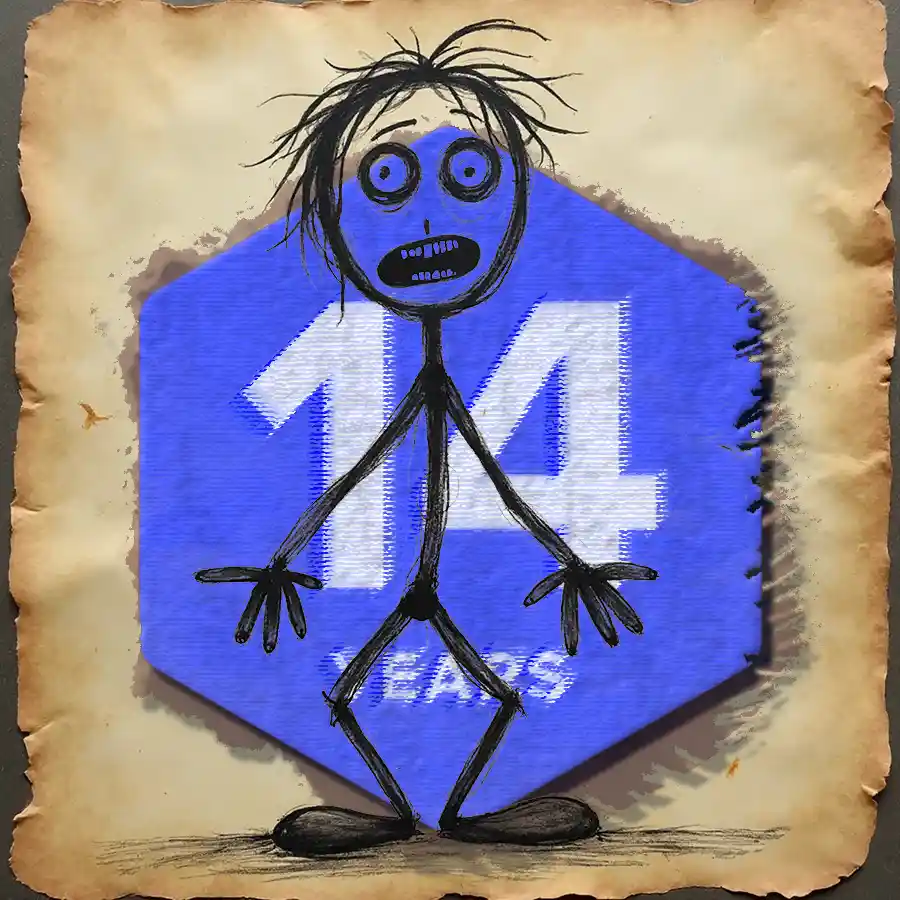 A stick figure with wild hair and a terrified expression stands in front of a blue hexagonal background displaying the…