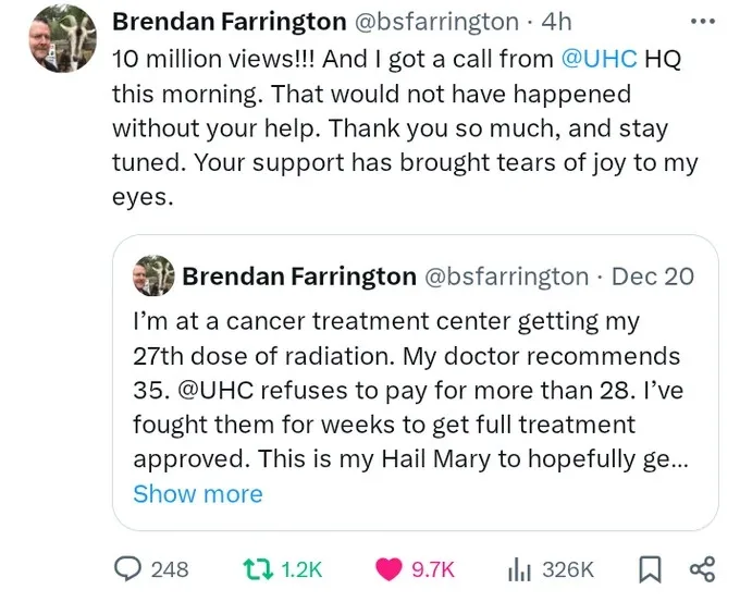 A screenshot of a Twitter post by Brendan Farrington showing his tweet from December 20, where he shared he was getting his…