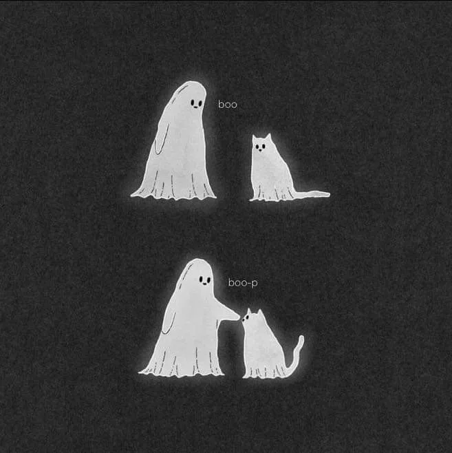 Two panels show a simple white ghost and a white cat against a dark textured background. In the top panel, the ghost says…