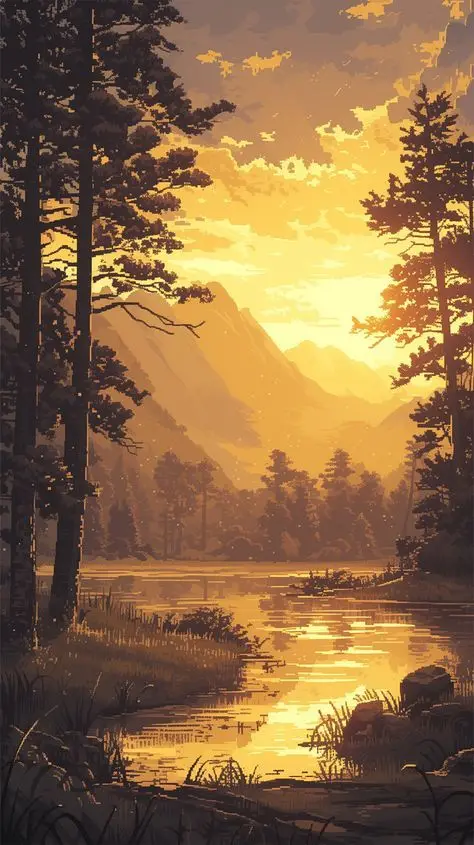 A serene, stylized digital painting of a golden-hour forest lake with mountains in the distance, framed by tall pine trees…