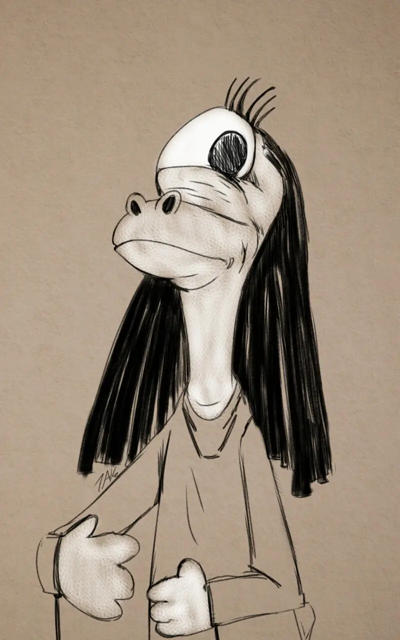 A black-and-white sketch shows a cartoonish frog-like character with long dark hair, one eye dramatically bulging out of its…