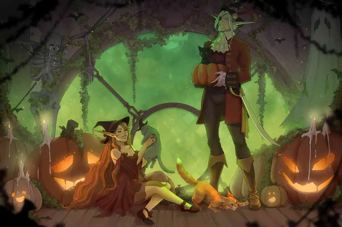 An illustrated Halloween scene features a witch with long red hair sitting on the floor petting a grey cat, while a tall…