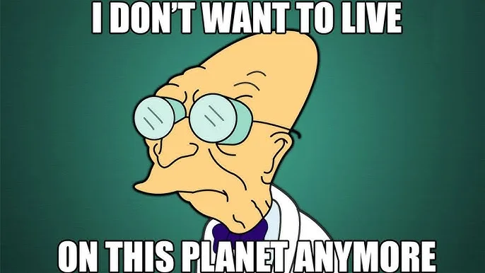 A cartoon image of Professor Farnsworth from Futurama, shown with a weary, resigned expression against a green background…