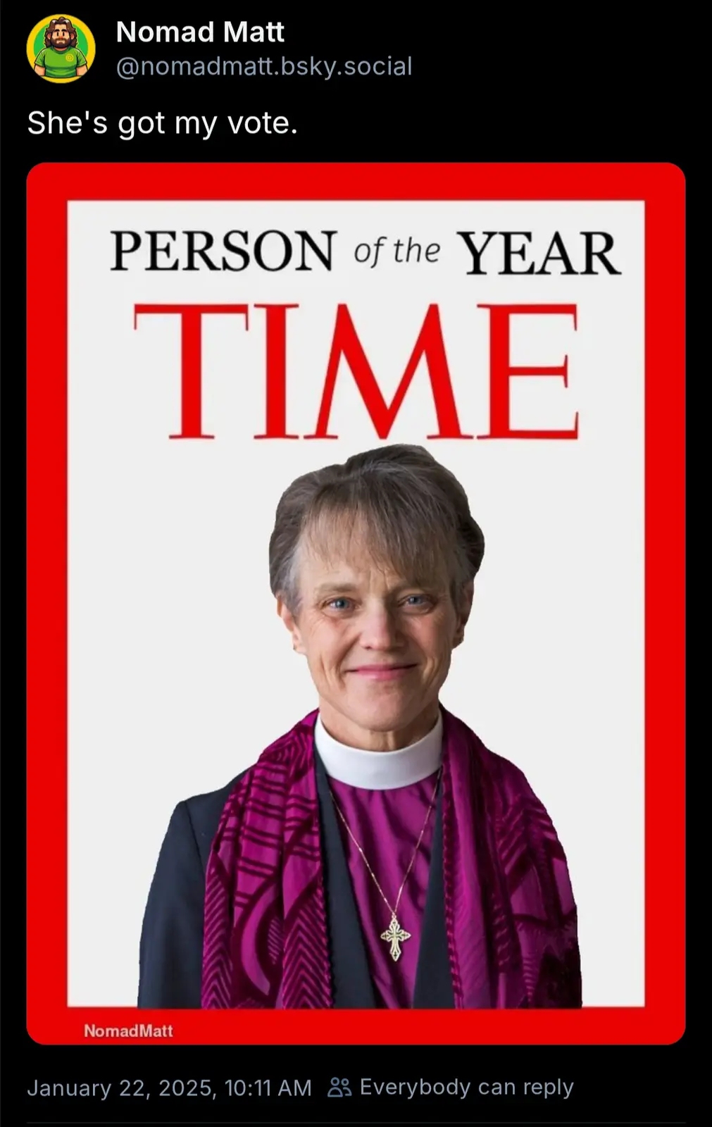 The image displays a digitally altered Time magazine cover featuring a woman in clerical attire, including a white collar…
