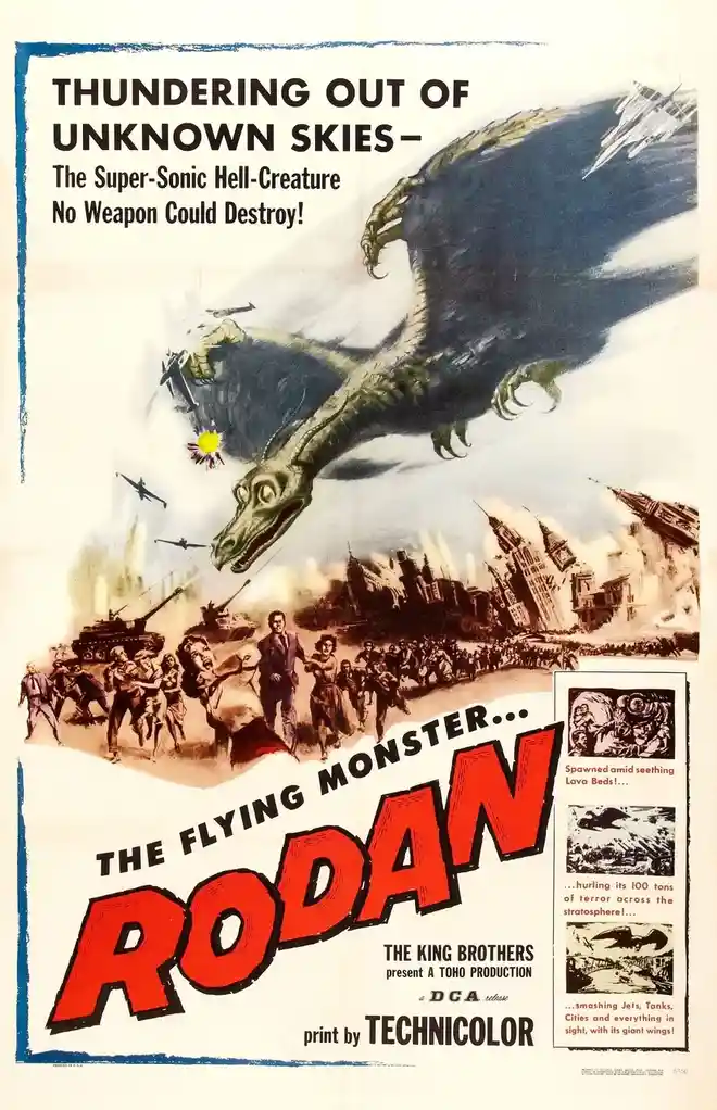 This is a vintage movie poster for the 1956 Japanese kaiju film 'Rodan,' depicting a giant, winged, reptilian monster flying…