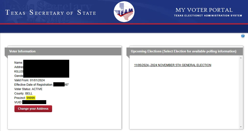 Screenshot of the Texas Secretary of State's My Voter Portal showing a voter record with the precinct number highlighted as…