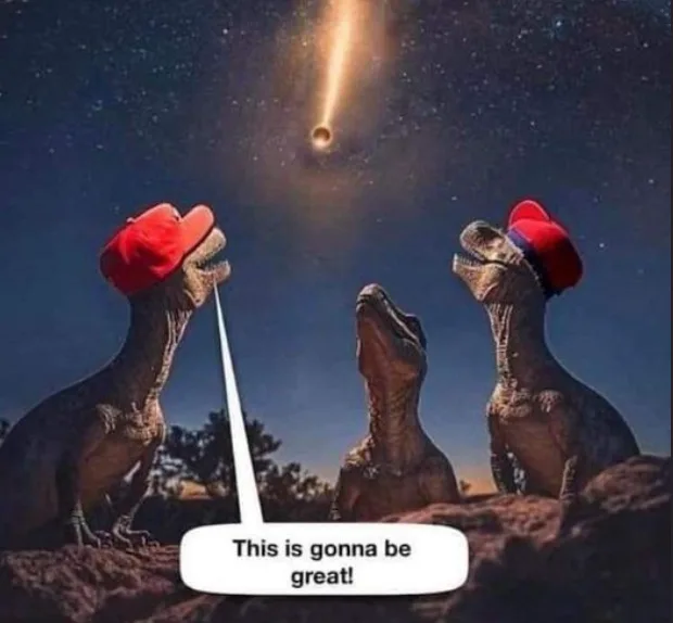 Three dinosaurs stand on a rocky terrain under a starry night sky, looking up at a large, glowing meteor streaking toward…