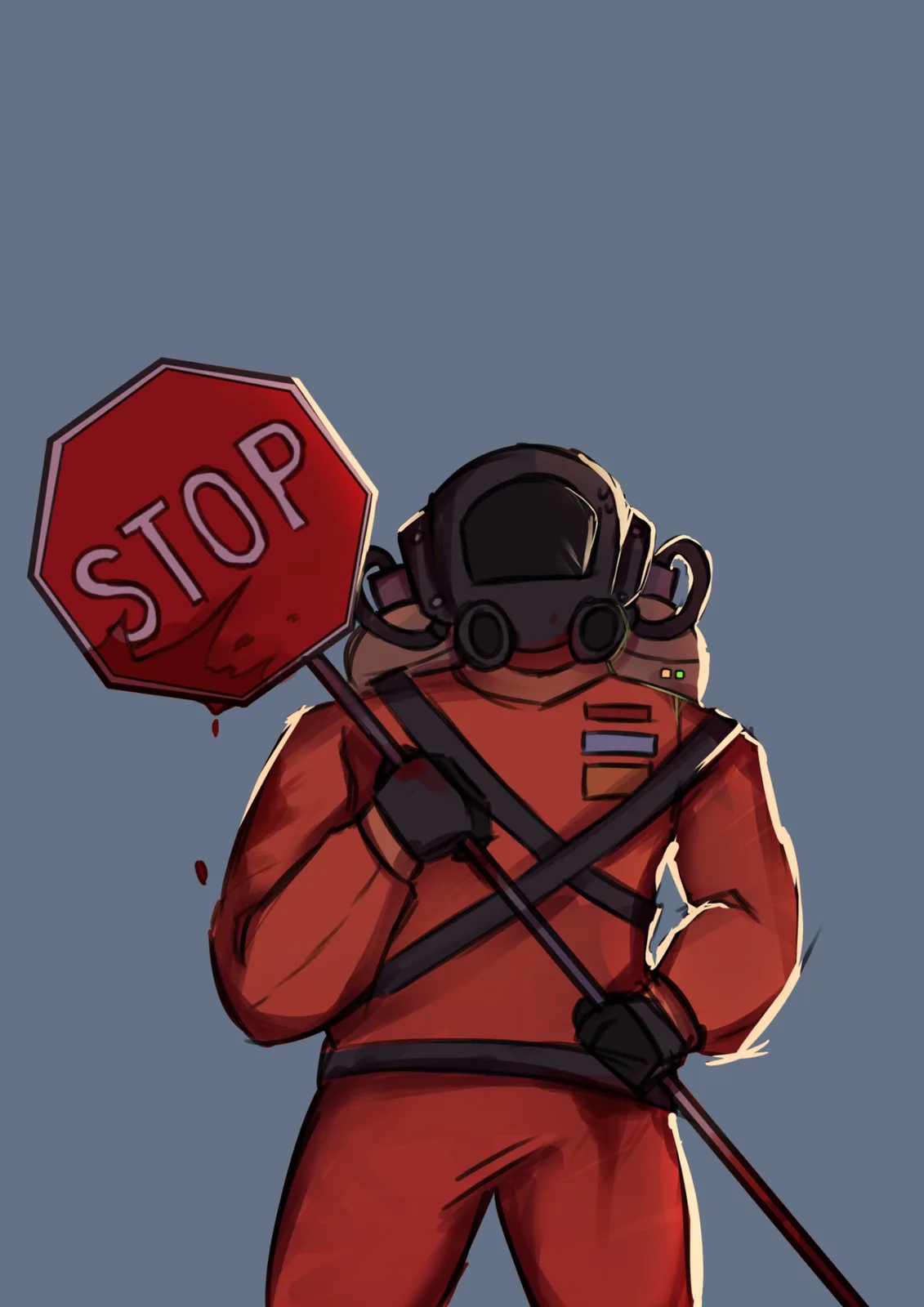 An illustration of a character in a red hazmat suit with a black helmet and respirator, holding a red octagonal stop sign…