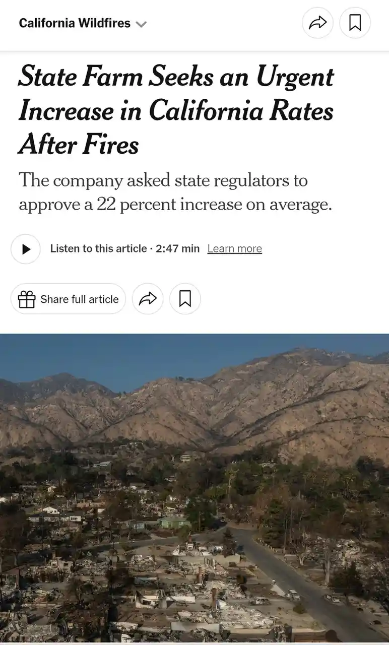 A screenshot of a news article about State Farm requesting a 22% rate increase in California after wildfires, overlaid on a…