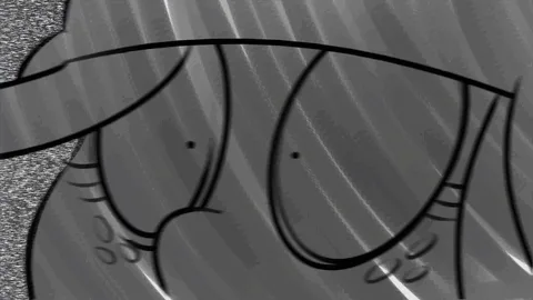 The image displays six grayscale panels arranged in two rows of three, each showing a close-up of a cartoon character's eyes…