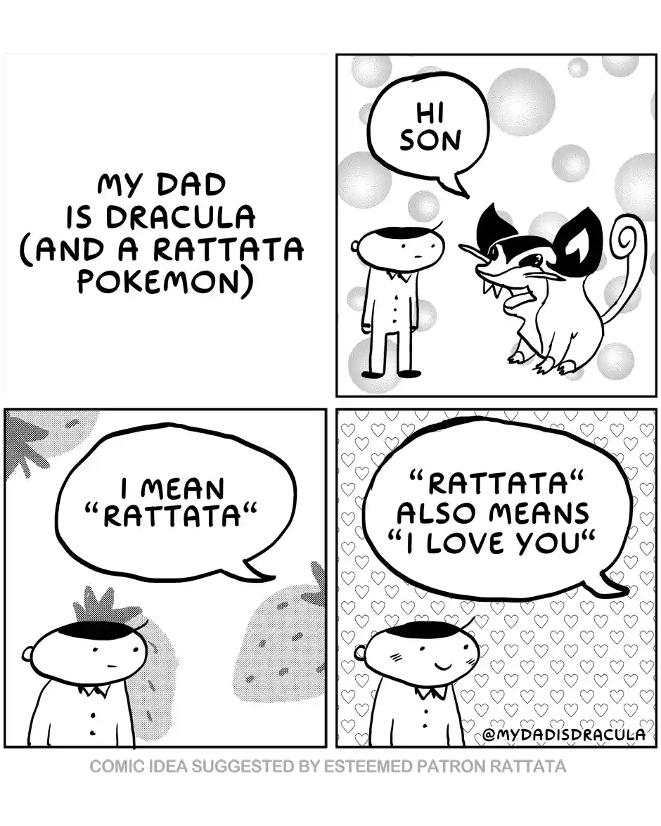 A four-panel comic strip shows a boy meeting his father, who is a vampire and a Rattata Pokémon. The father greets him with…