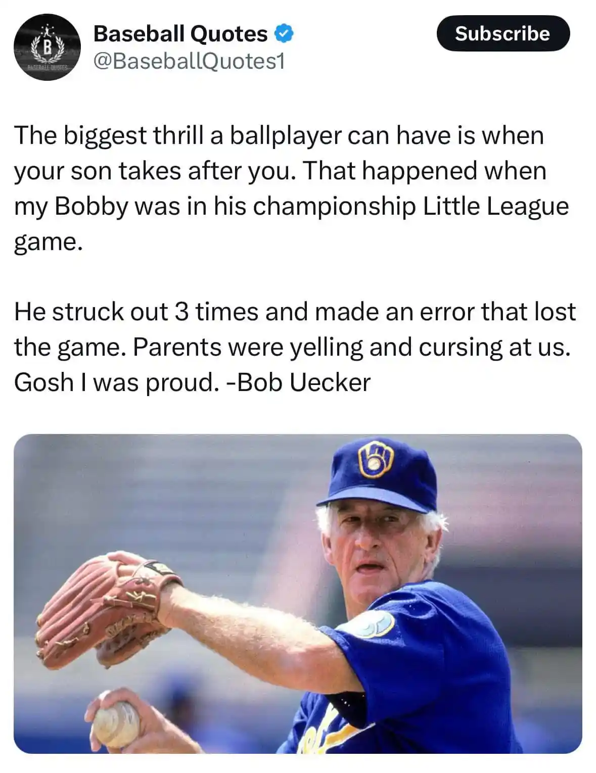 The image shows a photo of baseball player Bob Uecker in a blue Milwaukee Brewers uniform and cap, mid-pitch with a baseball…