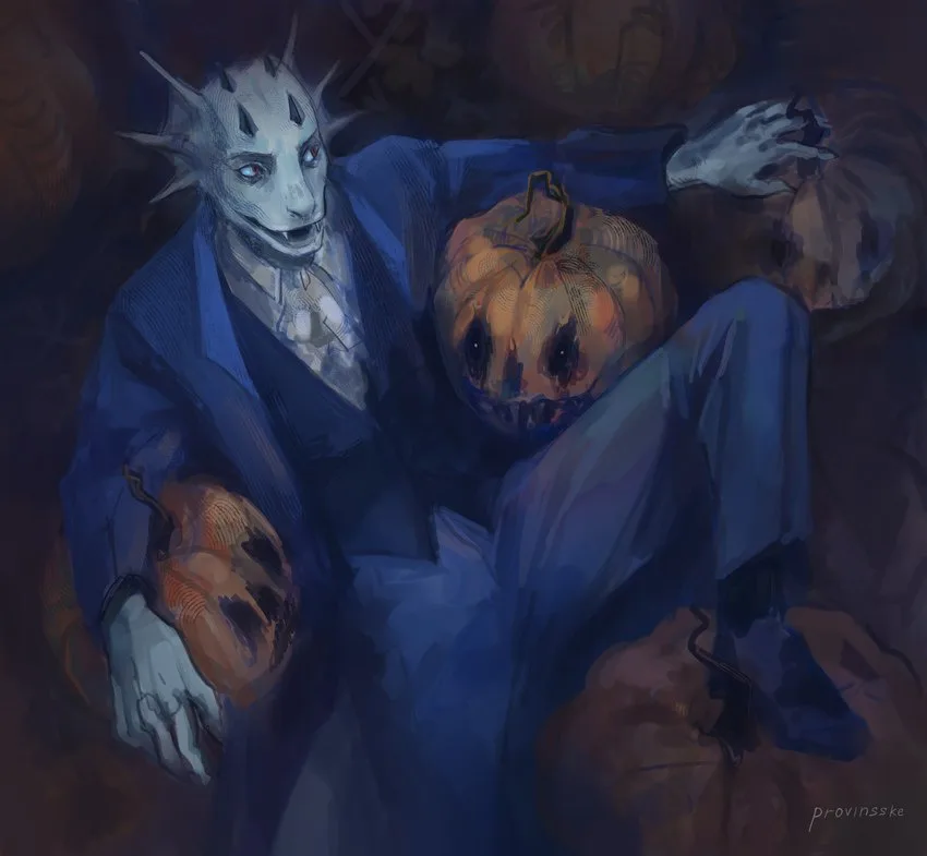 A pale, spiky-skinned humanoid in a blue suit lounges with a carved pumpkin head resting on their lap, surrounded by other…
