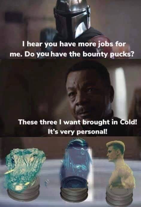 The meme features three panels: the top shows The Mandalorian asking about bounty pucks, the middle shows a man (Lester from…
