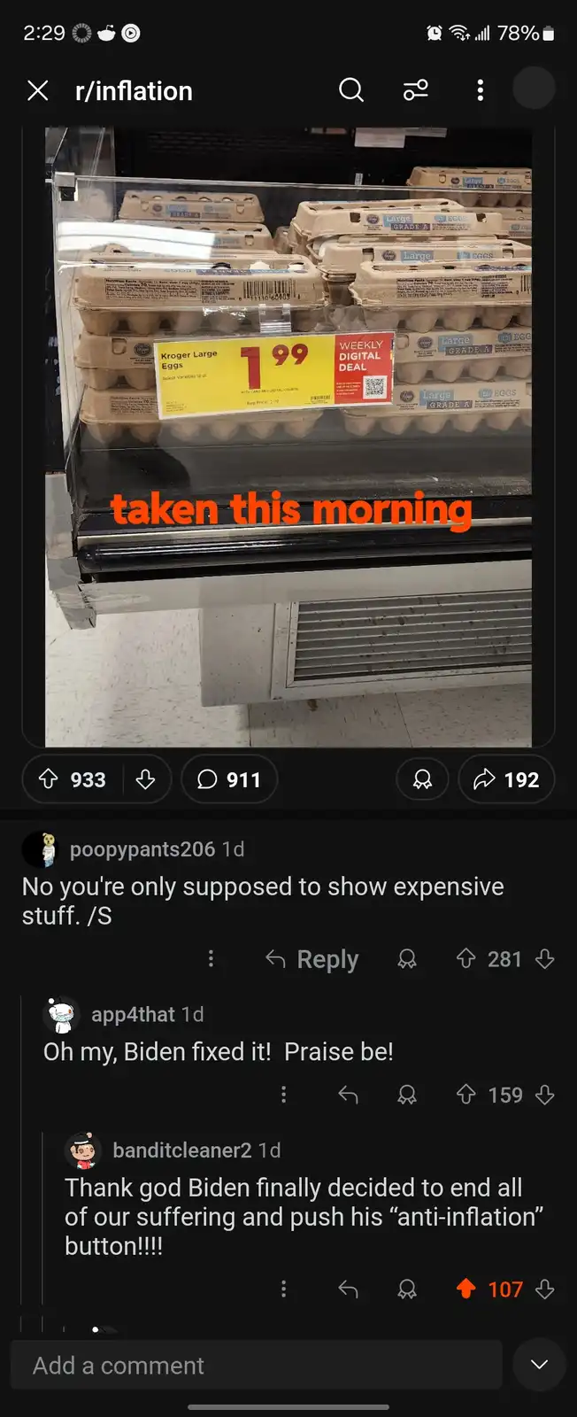 A photo of a Kroger supermarket egg display with a price tag showing $1.99, overlaid with orange text reading 'taken this…