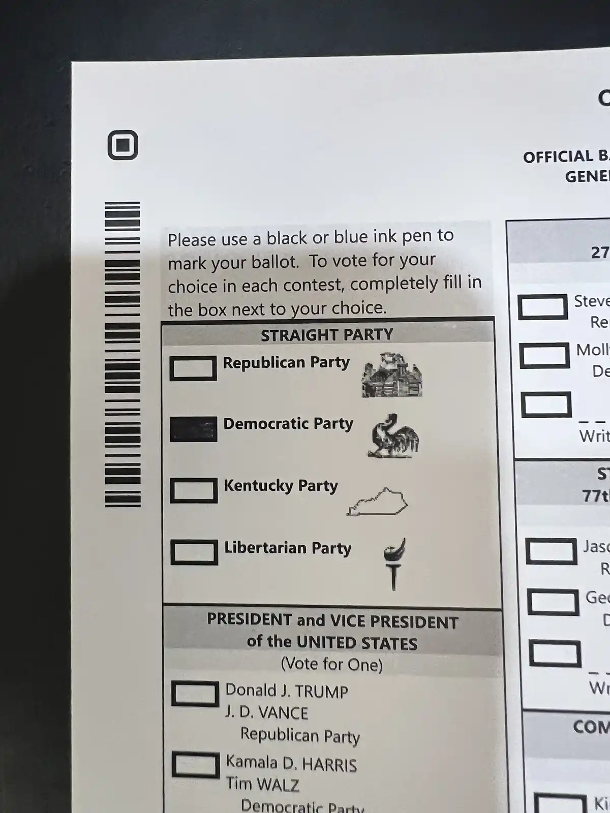A close-up of a U.S. ballot showing the 'Straight Party' section with the Democratic Party box completely filled in, while…