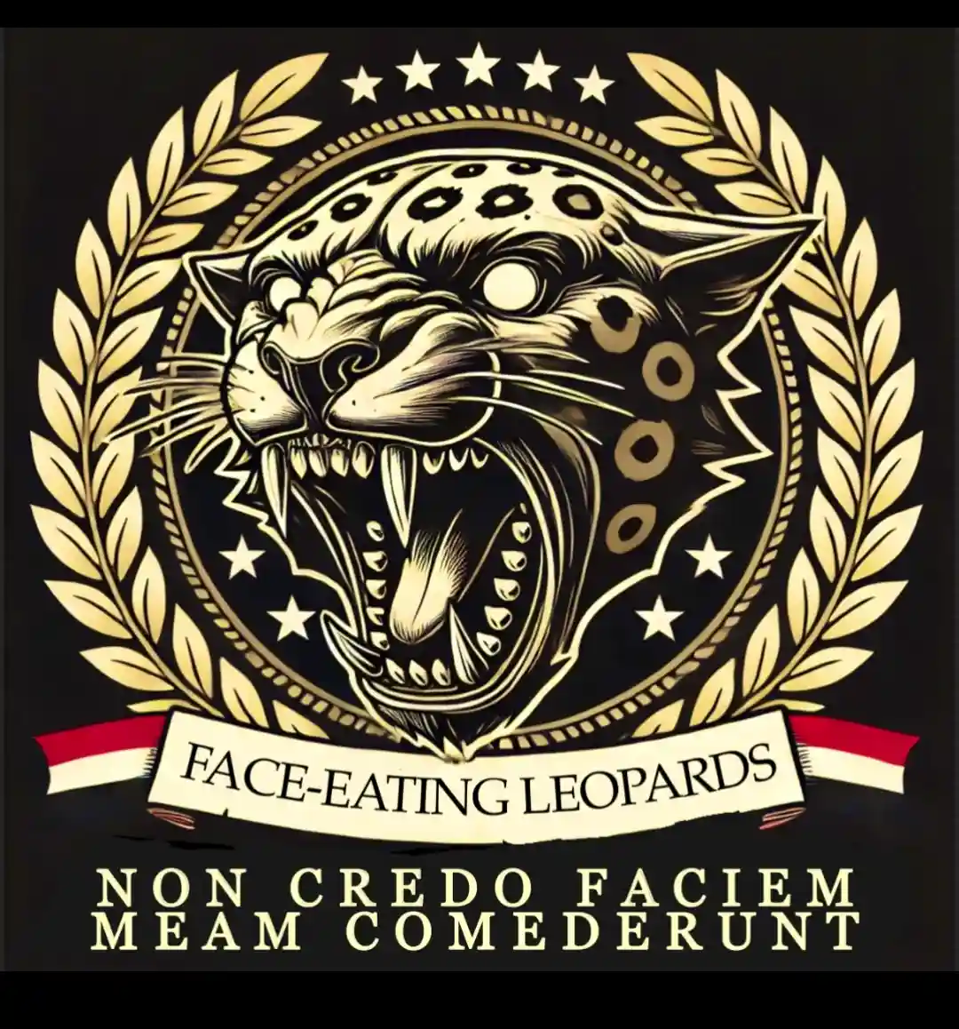 A stylized, menacing leopard head with an open mouth and sharp teeth is centered within a circular emblem framed by golden…