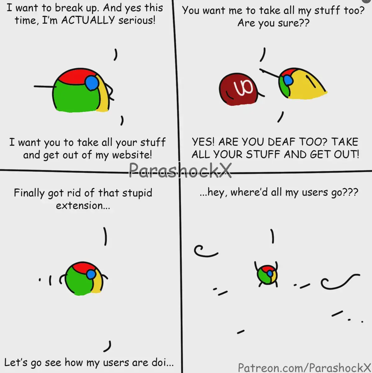 A four-panel comic strip depicts a cartoon Google Chrome browser icon breaking up with a cartoon Firefox browser icon. In…