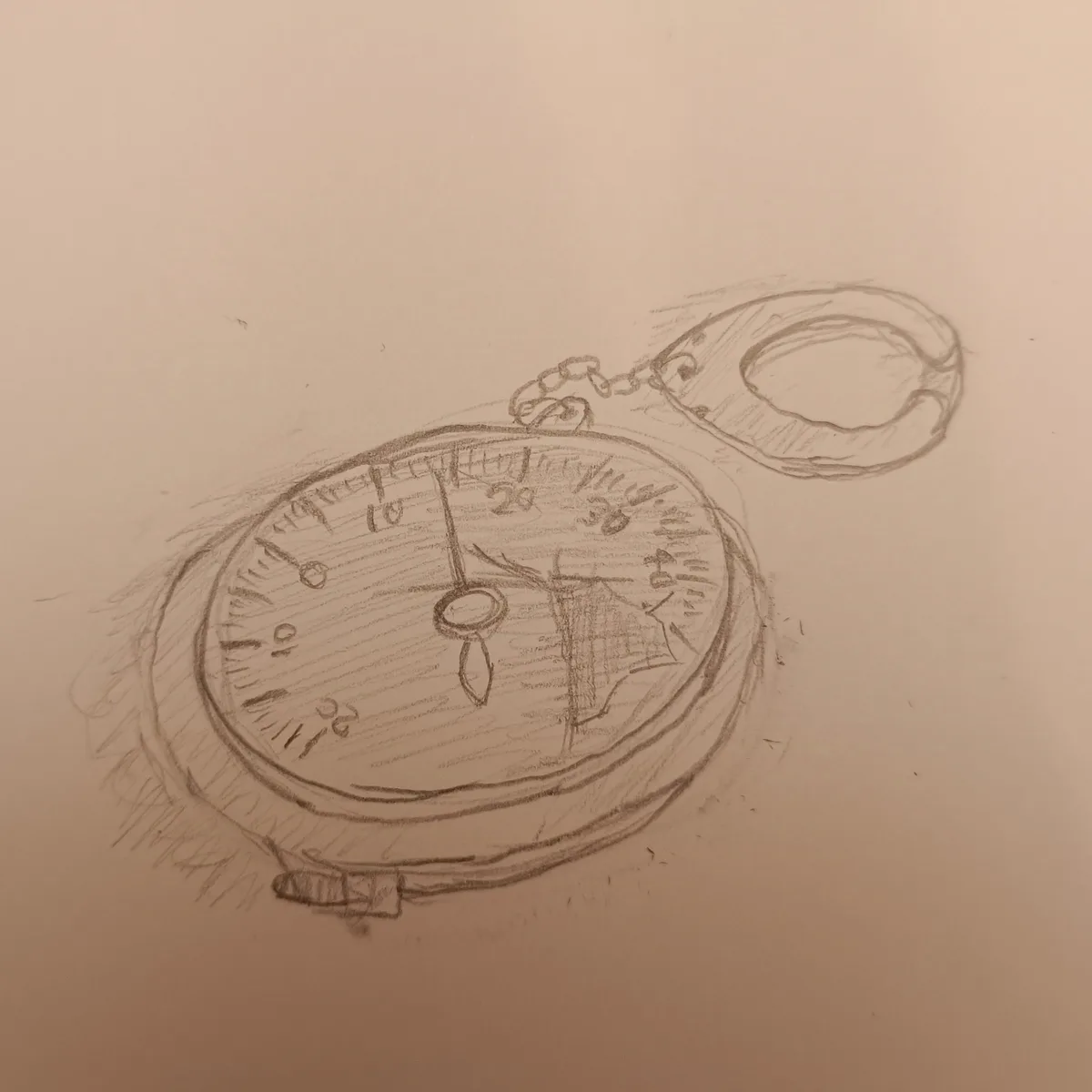 A hand-drawn pencil sketch of a pocket watch with a chain and a hinged lid, showing a face with numbers 0 to 40 and a single…