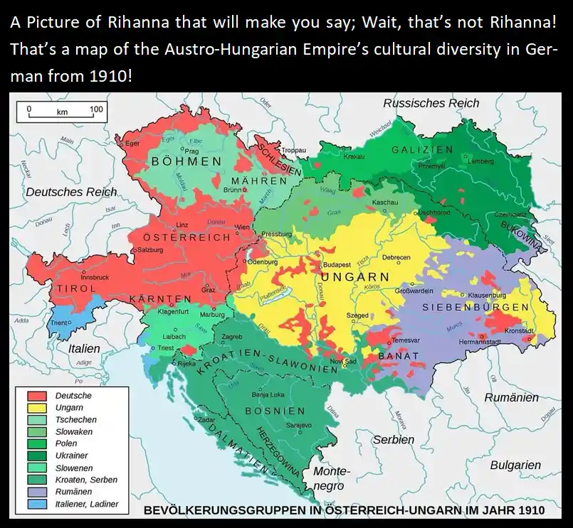 A historical map of the Austro-Hungarian Empire in 1910, color-coded to show the distribution of various ethnic groups like…