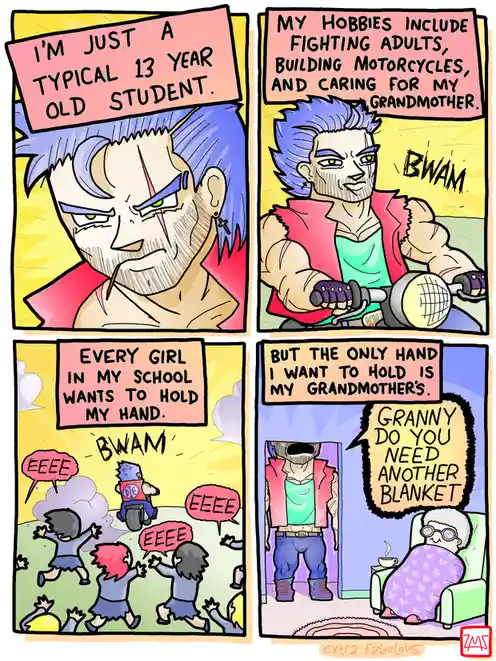 A four-panel comic strip featuring a stylized, muscular 13-year-old boy with blue hair and a red vest. In the first panel…