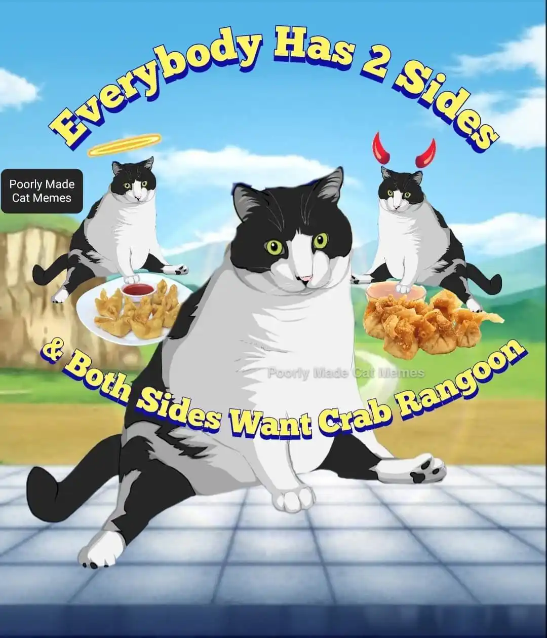 An image shows a large black and white cat in the center with two smaller identical cats on either side. The left cat has a…