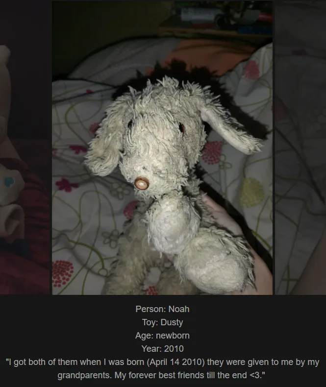 A close-up photo shows a very worn, shaggy, light-colored stuffed dog toy being held by a person's hand. The toy has a round…