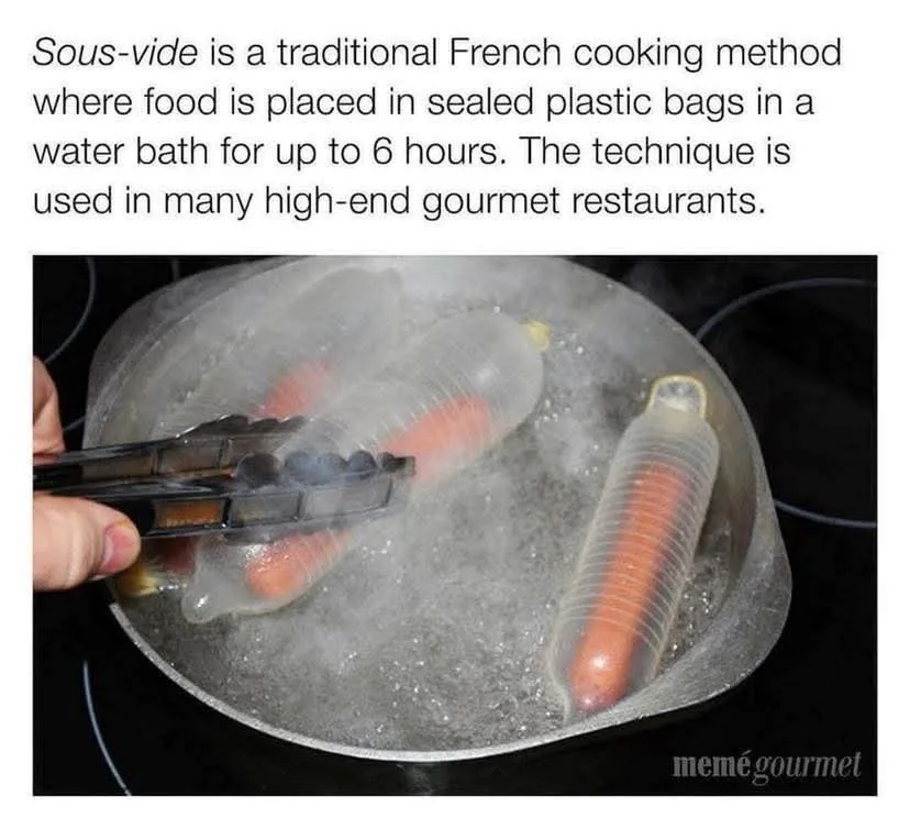 A hand uses tongs to remove a hot dog in a clear plastic bag from a pot of boiling water. The image is overlaid with text…
