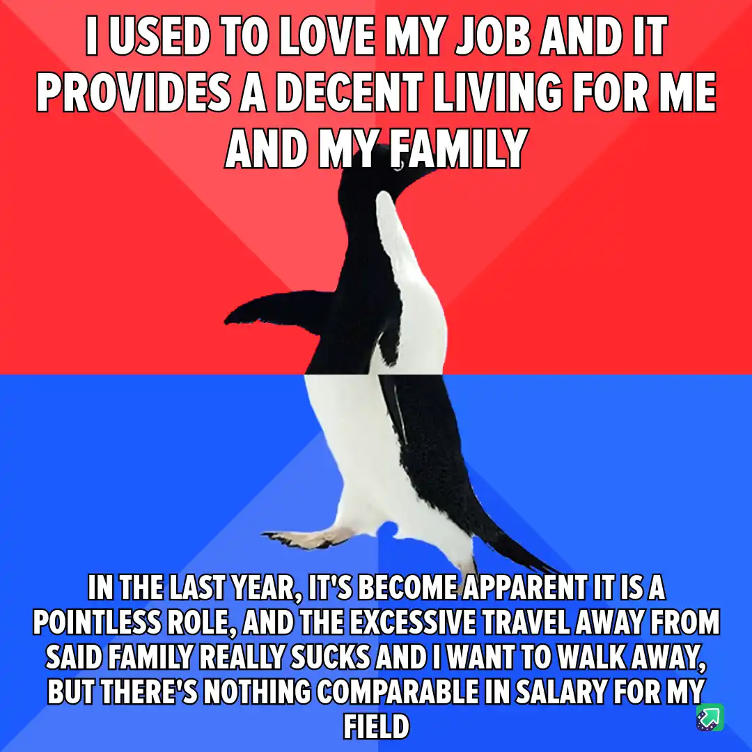 A penguin stands in a split red and blue background, with white text overlaid in two sections. The top text reads 'I USED TO…