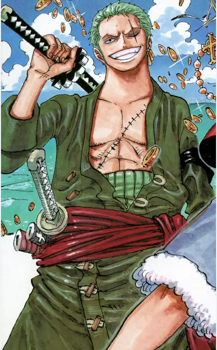 a green-haired anime character with a stitched chest, holding a sword and surrounded by falling gold coins, with the text…